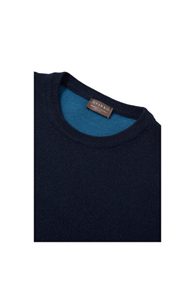 Vakko Navy Blue Crew Neck Wool Sweater M401325565-55