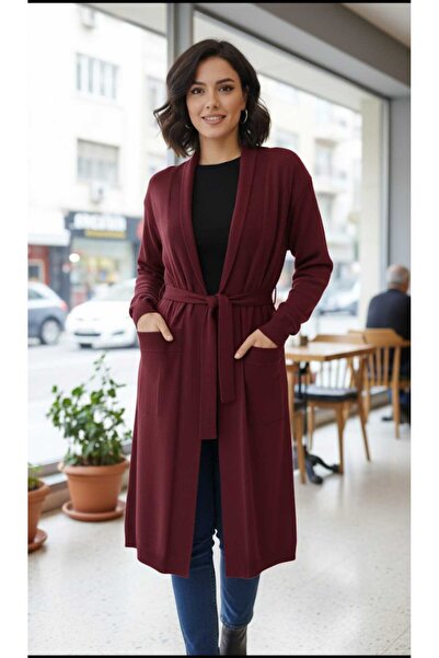 güncüoğlu Long Sleeve with Pockets and Belt 110cm Long Knitwear Cardigan