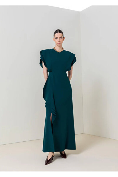 KAMEYA Asimetrik Volanlı Uzun Elbise