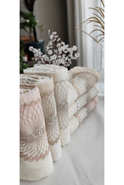 A.Z.H. (Set of 6) 50X90 Cm. Gilded Lace Velvet Texture Pleated Hand and Face Luxury Towel Set