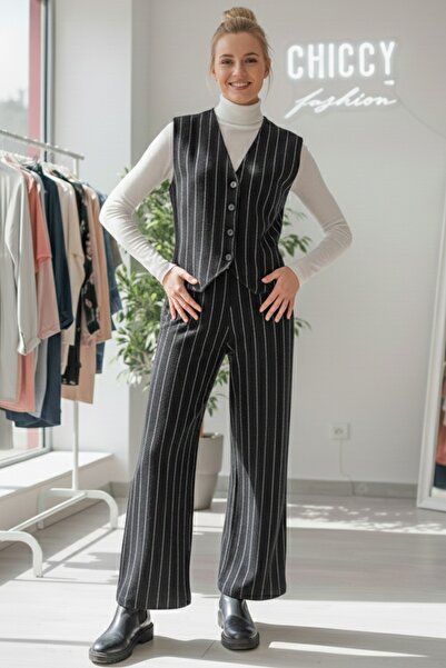 Chiccy Black V-Neck Sleeveless Striped Elastic Waist Casual Oversized Knitwear Vest Pants Set 55-110 55-55