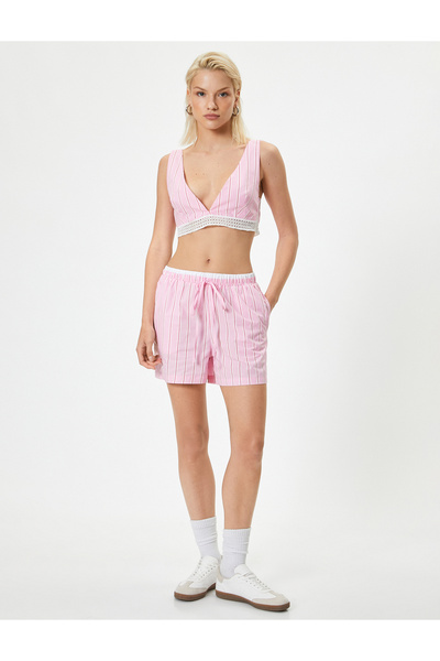 Koton Deep V-Neck Bustier Striped Lace Detailed Slim Fit