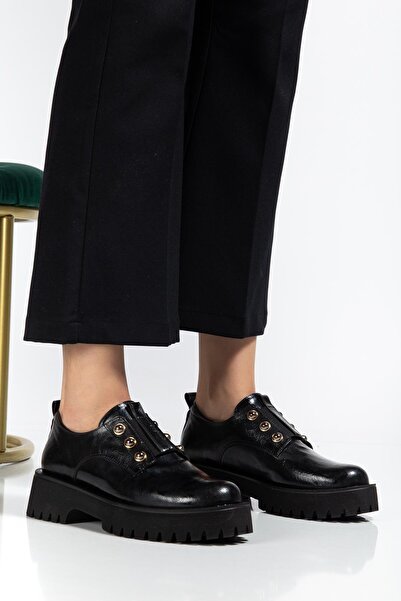 Dilimler Ayakkabı Women's Casual Daily Shoes Black Wrinkled Patent Leather Thick Sole Without Laces