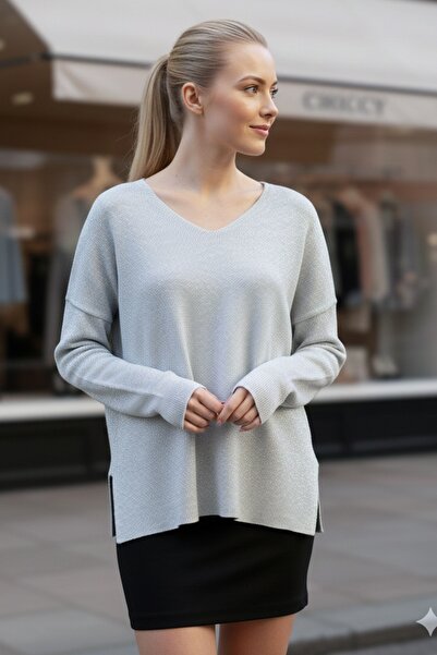 Chiccy Argintiu cu decolteu în V cu mânecă lungă cu fantă argintiu casual cu spate lung supradimensionat pulover tricotat 70 75