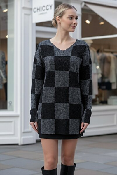 Chiccy Black-Gray V-Neck Long-Sleeved Plaid Slim Silvery Casual O Oversized Knitwear Sweater 73 64