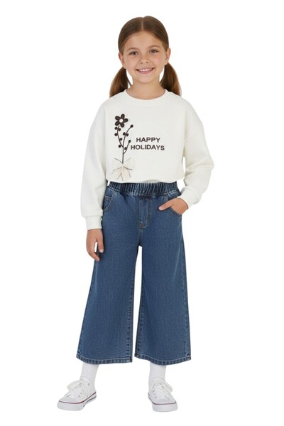 ERDEM KIDS Girl's Holiday Casual Wide-Leg Palazzo Jeans-Sweatshirt Two-Piece Set