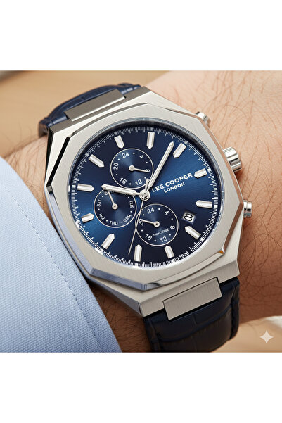 Lee Cooper Special Design Men's Watch | Navy Blue & Silver Harmony - Multifunctional, Octagon Case Elegance