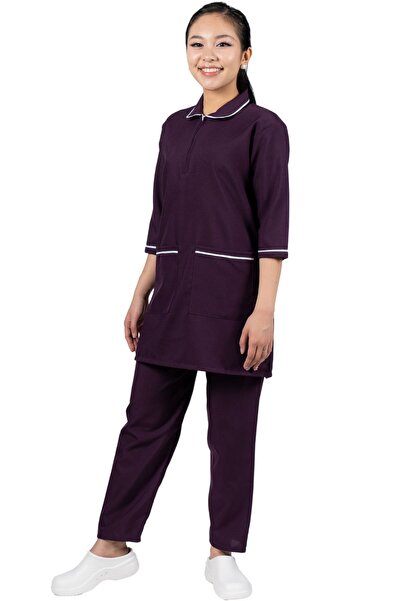 ABSHIR طقم زي خادمة/خادمة/مربية أطفال بأكمام ثلاثة أرباع، مع بنطال مطابق بسحاب أمامي من البوليستر