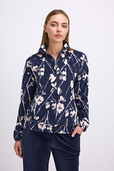 Anıl Anemon Women Long Sleeve Floral Pattern Zipper Sweatshirt and Straight Velvet Pants Set 11535