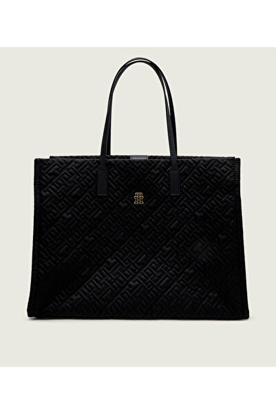 Tommy Hilfiger Women Patterned Embossed Logo Short Handle Square Size Zipper Closure Black Shoulder Bag Aw0Aw18163-Bds