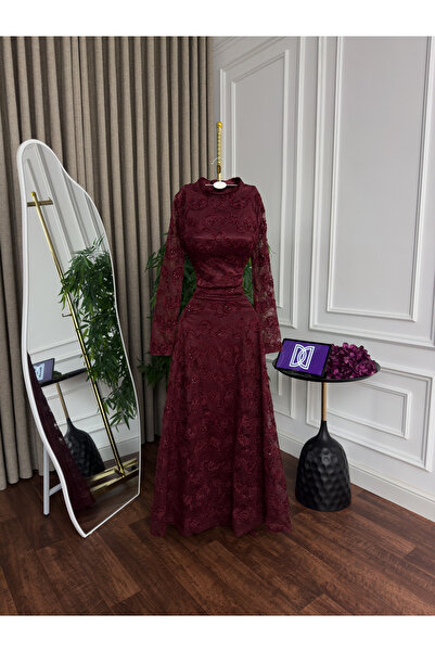 Generic Luxurious full lace evening set - top and wide skirt - elegant design with a royal burgundy floral pattern