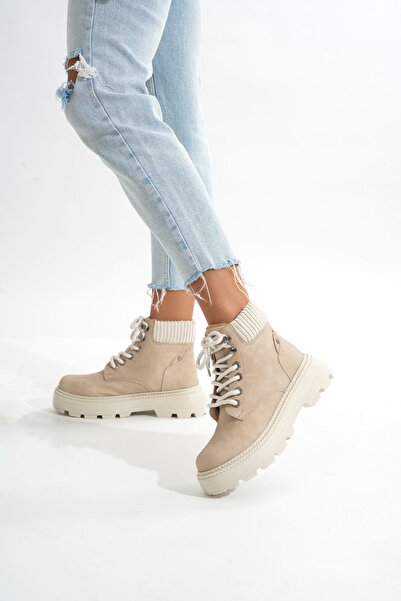 Zerenyus Γυναικείες καθημερινές μπότες ZRİN-2045 Premium Beige Suede με κορδόνια