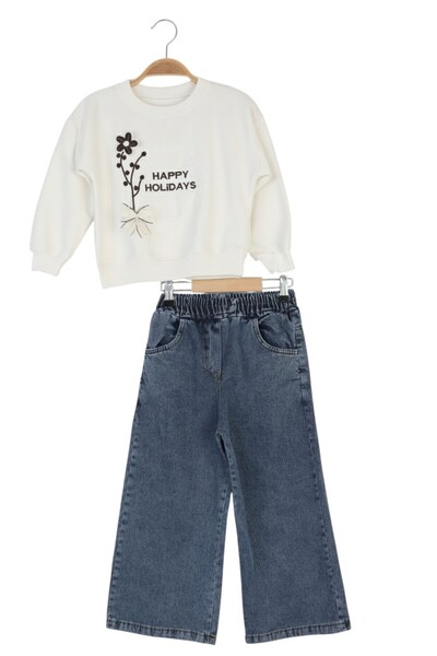 ERDEM KIDS Girl's Holiday Casual Wide-Leg Palazzo Jeans-Sweatshirt Two-Piece Set