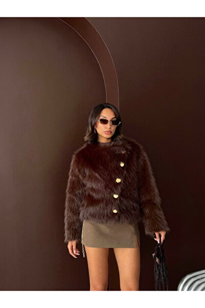 DEV LINE Brown Faux Fur Jacket with Gold Buttons