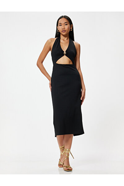 Koton Midi Halter Yaka Elbise Pencere Detaylı Deniz Kabuğu Detaylı Yırtmaçlı