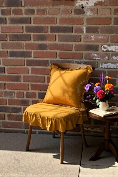 shules collection Mustard Color Washed Linen 4-Sided Ruffled Chair Cushion