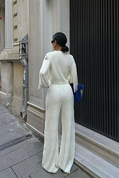 LONCA Knitted Set Cardigan Pants With Tassels