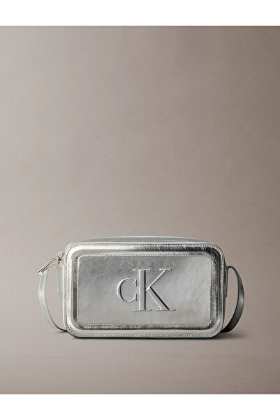 Calvin Klein Women's Shiny Leather Zipper Closure Adjustable Strap Ck Letter Pattern Silver Shoulder Bag Lv04F3331G-3Jh