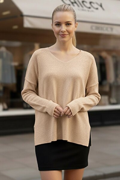 Chiccy Milky Coffee V-Neck Long Sleeve Slit Glitter Casual Long Back Oversized Knitwear Sweater 70 75