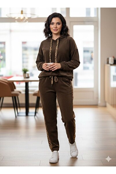 AGORATEKSTİL Women's Original Italian K Hooded Chenille Velvet Leopard Detailed Top and Bottom Set