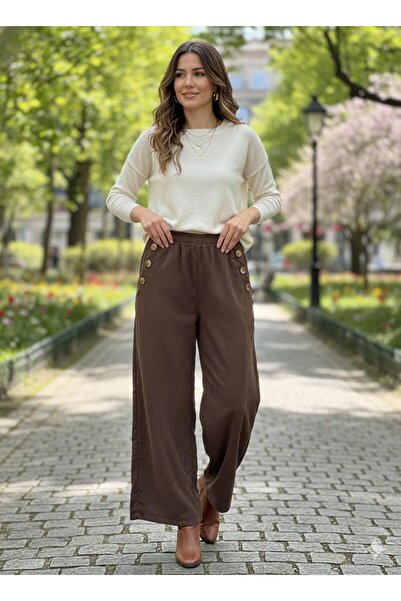 AGORATEKSTİL Women's Velvet Fabric Side Button Detailed Wide Leg Corded Fabri...