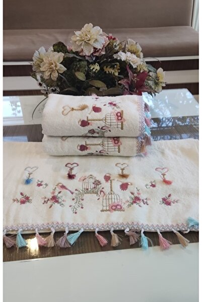 A.Z.H. (3Rd Set) 50X90 cm Bird and Flower Embroidered Tasseled Velvet Texture Luxury Towel Set