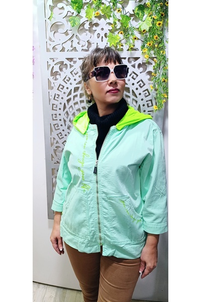 MODAMBAYANGİYİM Yeşil yani düğmeli keten ceket kapşonlu