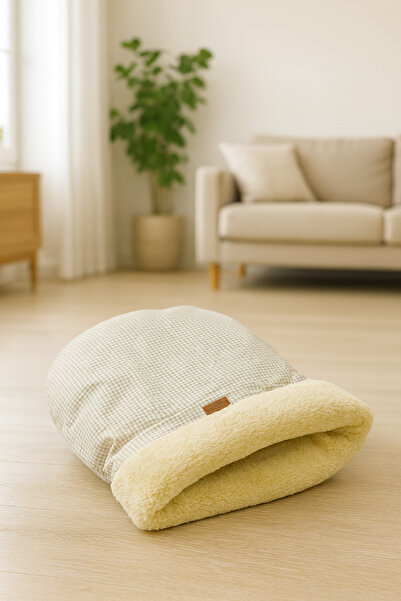 Quun Kedi köpek uyku tulumu yatak Bej renk velsoft şık tasarım box