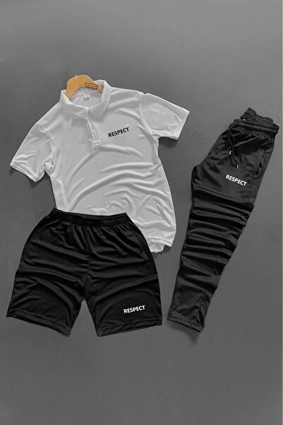 NOFLEN Polo Yaka Respect Printed 3-Piece Shorts and Sweatpants Set