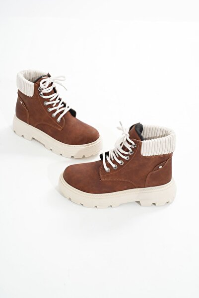 Zerenyus Γυναικείες καθημερινές μπότες ZRİN-2045 Premium καφέ σουέντ με κορδόνια