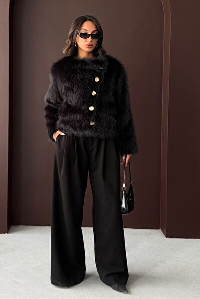 DEV LINE GEACĂ NEAGRĂ din BLANĂ ARTIFICIALĂ cu NASTURI AURII