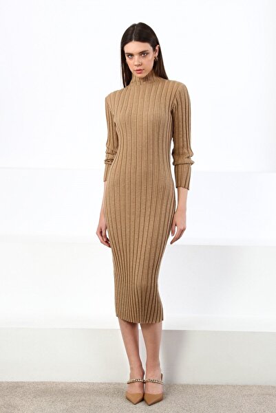 Ferraro Rochie de tricotaj pentru femei Camel Half Fisherman material reiat M...