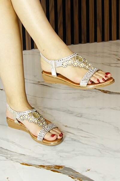 Erkan Saçmacı Gold Vegan Crystal Stone and Pearl Embroidered Elastic Flat Sole Sandals