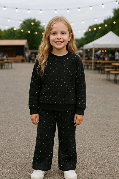 Yalçınoğlu Kids 3-6 Years Old Stone Embroidered Pocketed Fabric Set – Children's Tracksuit Set with Stones on the Front and Back