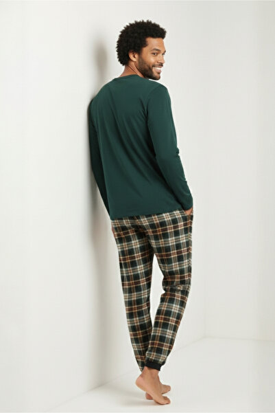 DOFİ Men's Winter Button-Down Collar Pajama Set – Green, Plaid Bottoms, Cuffed Legs