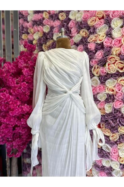 YuSeM Krinkıl Saten Abiye Beyaz