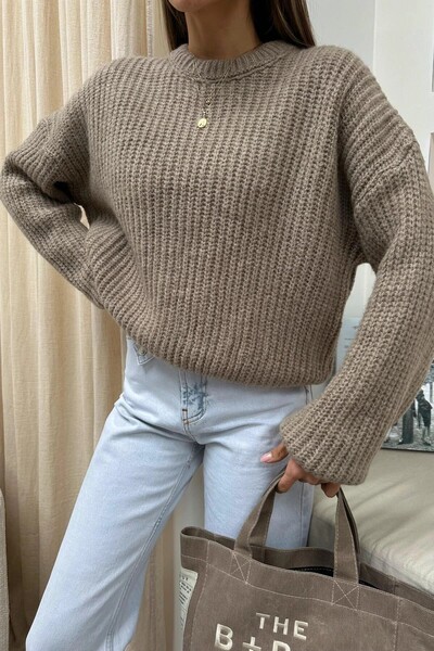 HARMONY GLOBAL Women's Dark Beige Balloon Sleeve Thick Thessaloniki Knit Oversized Sweater – Soft Texture, Warm 1700