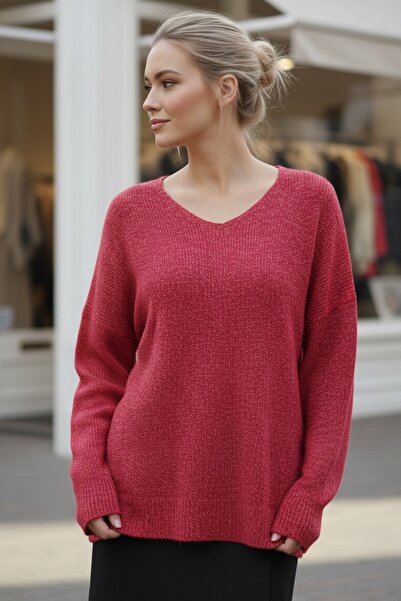 Chiccy Flame Red V-Neck Long Sleeve Slit Silvery Casual Long Back Oversized Knitwear Sweater 70 75