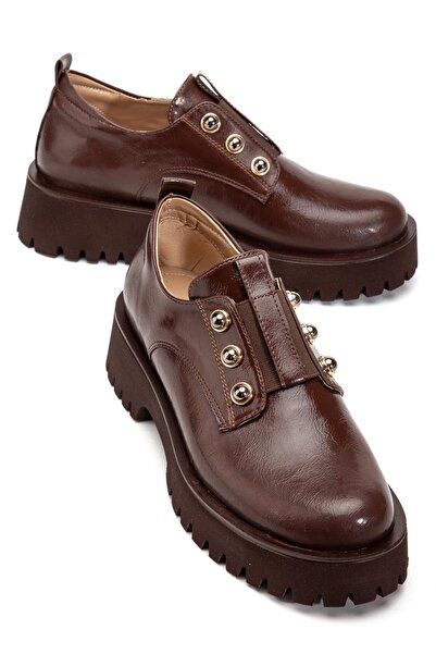 Dilimler Ayakkabı Women's Casual Daily Shoes Brown Wrinkled Patent Leather Thick Sole Without Laces