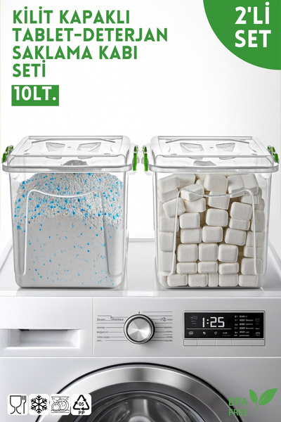 Nandy Home 2'li Set Kilit Kapaklı Elite Line Tablet, Deterjan Saklama Kutusu - Çok Amaçlı Saklama Kabı - 10Lt.