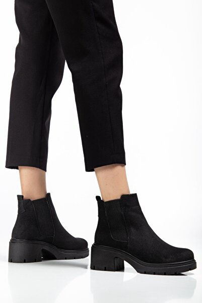 Dilimler Ayakkabı Women's Heeled Boots Black Suede Side Elastic Zipperless Thick Sole