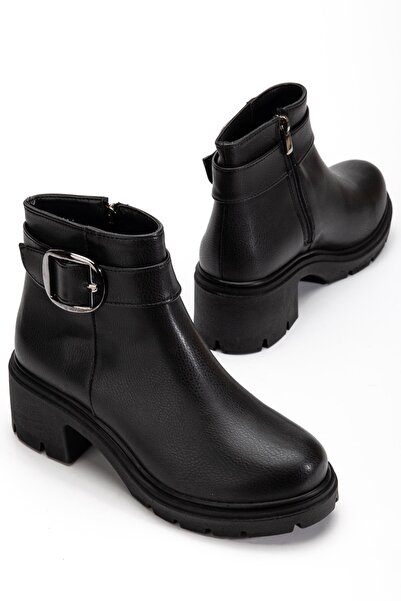 Dilimler Ayakkabı Women's Heeled Boots Black Faux Leather Side Buckle Thick Sole