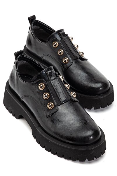 Dilimler Ayakkabı Women's Casual Daily Shoes Black Wrinkled Patent Leather Thick Sole Without Laces