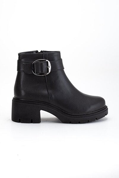 Dilimler Ayakkabı Women's Heeled Boots Black Faux Leather Side Buckle Thick Sole
