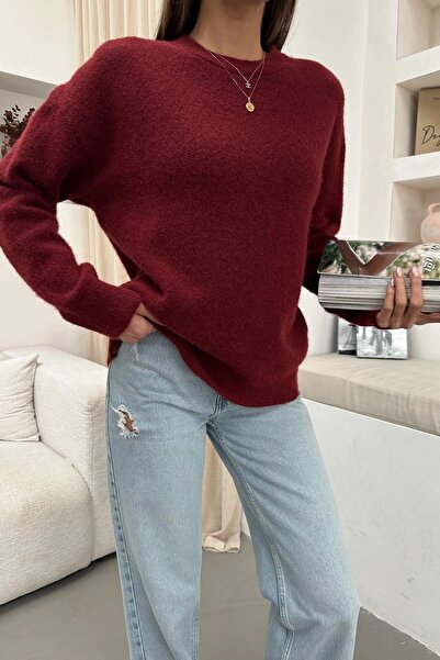HARMONY GLOBAL Burgundy Soft Fuzzy Oversized Women's Knitwear Sweater – Winter Knitwear Comfortable Fit 2373