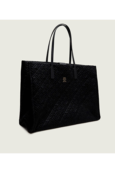 Tommy Hilfiger Women Patterned Embossed Logo Short Handle Square Size Zipper Closure Black Shoulder Bag Aw0Aw18163-Bds