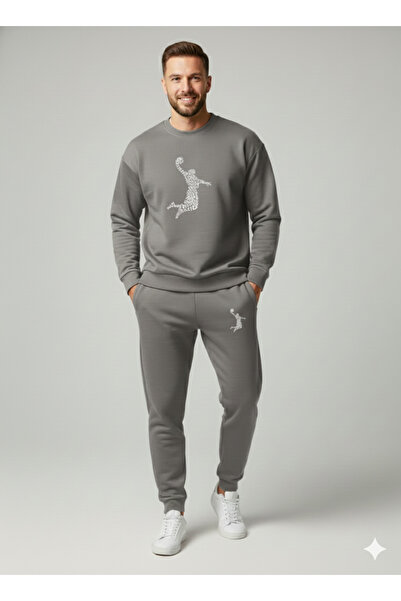 NİCE Three Thread Compact Crew Neck Inner Cotton Basketballer B Printed Premium O Oversized Tracksuit Set