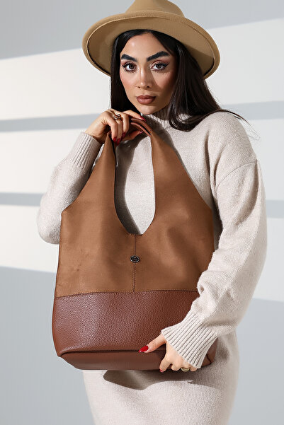 Moda Lime Kadın Taba Süet Ekstra Mini Çantalı Yandan Askılı Ve Kulplu Detaylı...