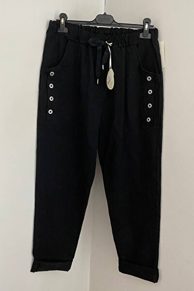 AYASOFYA OTANTIK Pantaloni largi pentru femei, albastru bleumarin, cu talie elastică, model simplu, cu detalii cu capse, cu buzunare