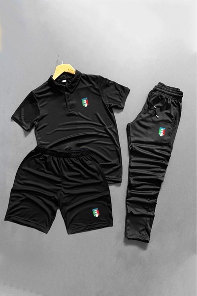 NOFLEN Polo Yaka Italy Printed 3-Piece Shorts and Sweatpants Set